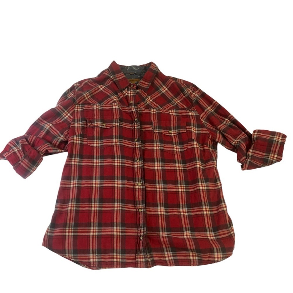 JACHS GIRLFRIEND RED PLAID 100% COTTON FLANNEL LONG SLEEVE BUTTON DOWN, SIZE L.